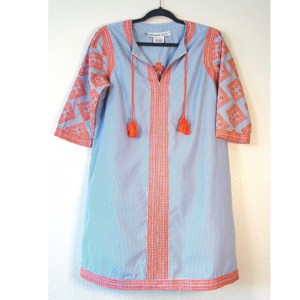 Gretchen Scott Blue White Seersucker Orange Embroidered Tassel Tunic Dress SZ L
